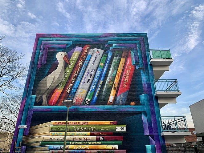 muurschildering den haag boekenkast